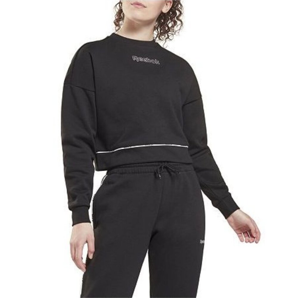 Reebok Women’s Piped Trim Cropped Sweatshirt, L, Black
